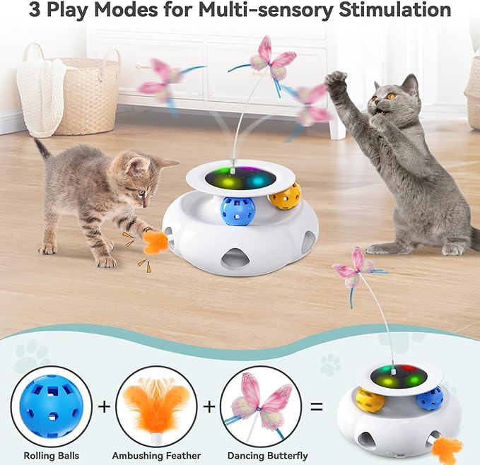 3in1 Interactive Cat Toys Moving Ambush Feather, Spinning Butterfly, Track Balls, Rechargeable Automatic Activated Kitten Toys for Indoor Cats, Cat Feather Toy for All Breeds-PawvioPets