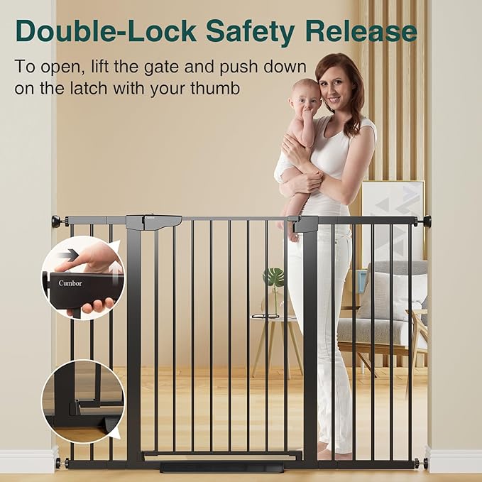 Cumbor 36" Extra Tall Baby Gate for Stairs, 29.7-54.2" Extra Wide Dog Gate for Doorways Hallways, Pressure Mounted Child Gate for Wide Opening, Auto Close Personal Safety for Babies and Pets, Black-PawvioPets