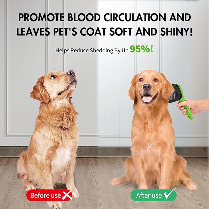 Dog Self Cleaning Slicker Brush for Shedding, Ideal for Short Long Haired Dogs, Including Cat. Removes Loose Fur, Undercoat, Mats, Tangled Hair. Suit for Large Medium Small Animal, Green-PawvioPets