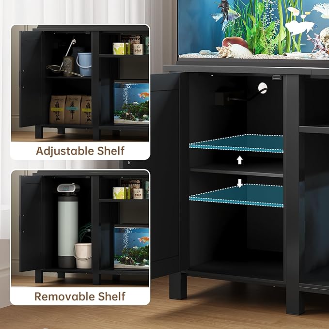 55-75 Gallon Fish Tank Stand with Power Outlet & Adjustable Shelf, Heavy Duty Aquarium Stand with Cabinet Storage for Fish Tank, Turtle Tank, Reptile Terrarium, 1000LBS Capacity, Black-PawvioPets