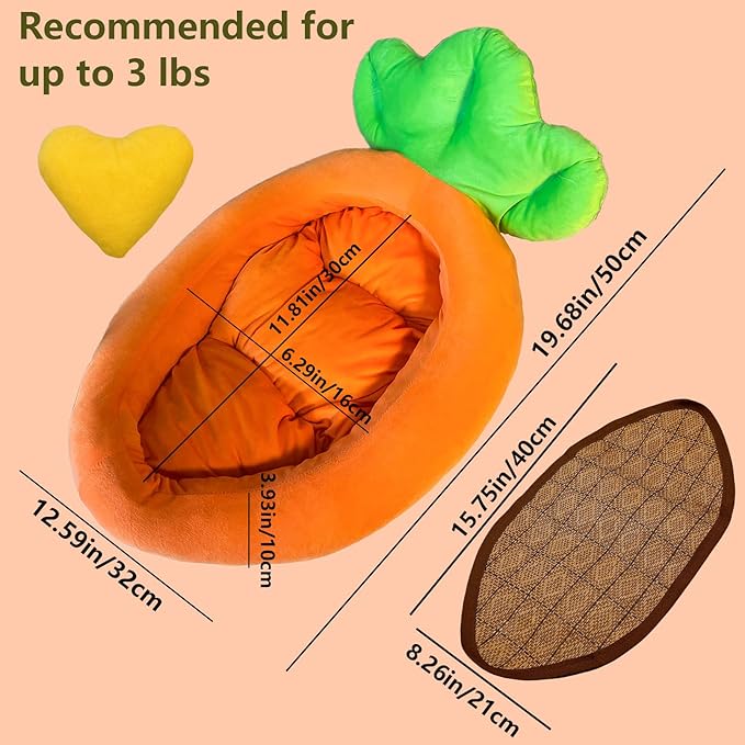 Bunny Bed,Thick&Soft Rabbit Bed with Removable Cushion,Machine Washable with Rattan Mat & Heart Decor,Cozy Warm Small Animal Sleeping Beds (Carrot Shape-M)-PawvioPets
