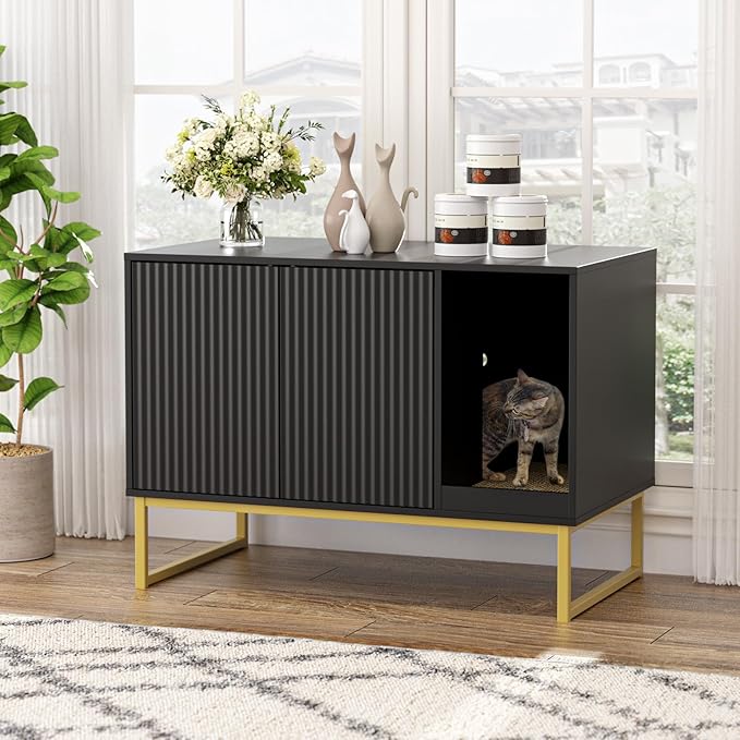 Cat Litter Box Enclosure, Fluted Hidden Litter Box Furniture with Scratch Pad and Metal Legs, Modern Enclosed Cat Cabinet, 31.5 x 17.7 x 21.7 Inches Indoor Pet House for Living Room, Washroom, Black-PawvioPets