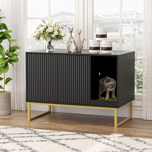 Cat Litter Box Enclosure, Fluted Hidden Litter Box Furniture with Scratch Pad and Metal Legs, Modern Enclosed Cat Cabinet, 31.5 x 17.7 x 21.7 Inches Indoor Pet House for Living Room, Washroom, Black-PawvioPets