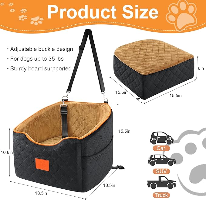 Dog Car Seat for Small Dogs, Memory Foam Booster Dog Seat for Dogs up to 35 lbs, Elevated Pet Car Seat with Washable Removable Cover, Storage Pockets-PawvioPets
