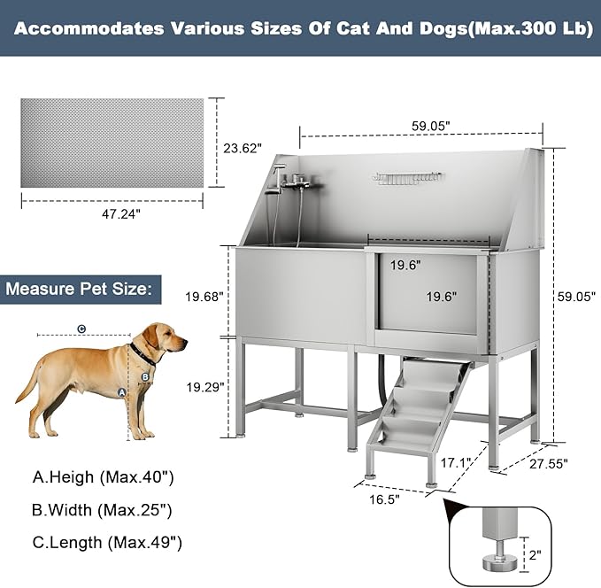 CuisinSmart 62" Dog Bathtub for Large Dogs, Professional Dog Washing Station with Dog Wash Attachment, Dog Bath Pool for Outdoor, Indoor Shower and Grooming (62" Right Door)-PawvioPets