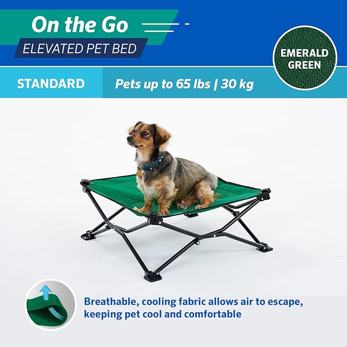 Coolaroo On-The-Go Elevated Dog Bed - Foldable Pop-Up Travel Dog Bed with Breathable, Moisture-Resistant Fabric, Carry Bag Included, Lightweight & Portable, Emerald Green, Standard-PawvioPets