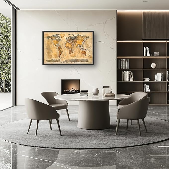 Extra Large World Map Framed Wall Art for Living Room,Oversized Vintage Map of The World Pictures Wall Decor,Canvas Print Painting Modern Artwork Bedroom Office Bathroom 36L" x 24W"-PawvioPets