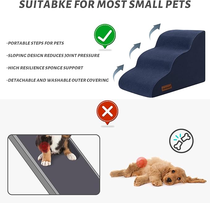 Dog Stairs and Steps for Beds Or Couches, 3-Step Pet Stairs & Steps for Small Dogs and Cats, Soft and Non-Slip Dog Ramp for Older Dogs,Pet with Joint Pain,Easy to Walk-PawvioPets