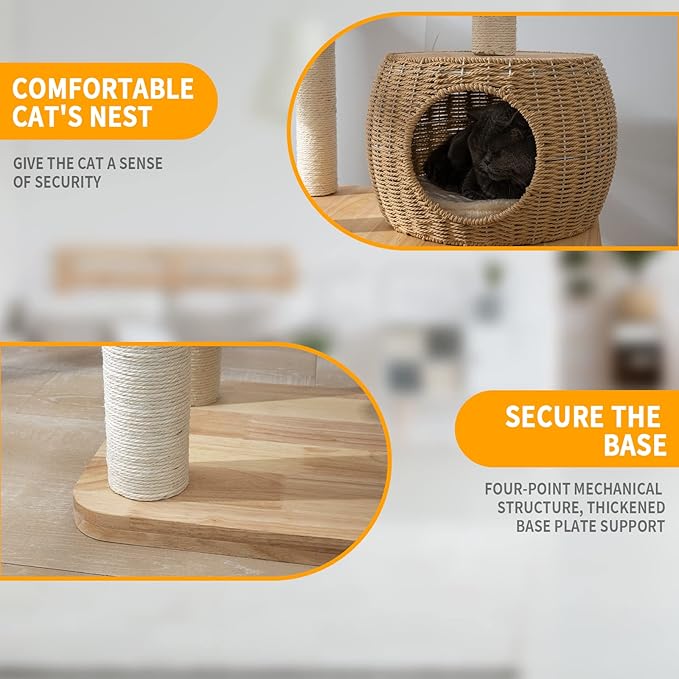 59" Big Modern Cat Tree Tower, Cat Tower Sisal-Covered Scratching Posts for Indoor Cats, Oak Wood Cat Tree for Large Cats, Multi-Level Cat Condo with Space Capsule Nest, Cat Furniture Activity Centre-PawvioPets