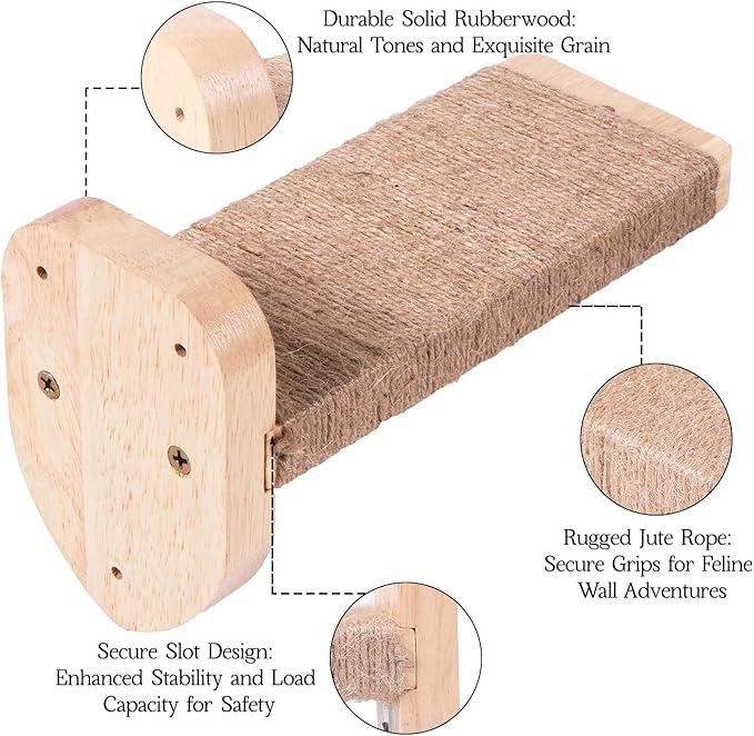 3pcs Cat Wall Steps, Climbing Mounted Furniture, Shelves With Hemp Rope Covered, Solid Wood Ladder for Playing and Climbing (Large-Wood)-PawvioPets