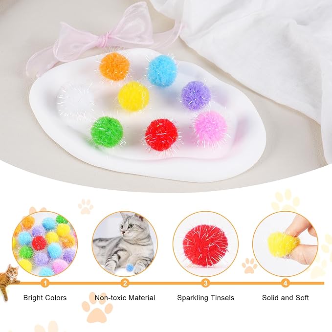 DF DUALFERV 60 Pcs Cat Pom Pom Balls, Interactive Cat Toys, Sparkle Balls for Cats, Extra Large and Fuzzy for Exercise and Entertainment, Multicolor, 1.5 Inch-PawvioPets
