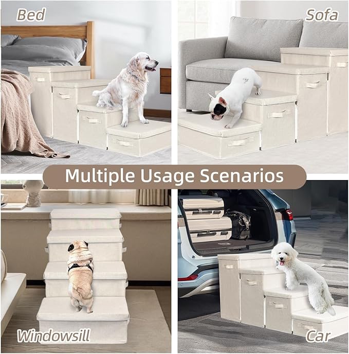 Dog Stairs with Storage, 4-Step Folding Pet Steps for Small Dogs and Cats, Pet Steps Storage with Zip, Pet Stairs for High Bed, Couch and Car Ramp (Beige, 4 Steps no Condo)-PawvioPets