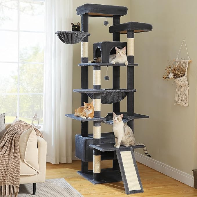 81 Inch Tall Cat Tree for Big Cats & Multi-Cat Homes, Large Heavy Duty Cat Tower with Metal Frame Hammock, 6 Scratching Posts, 2 Condos, 2 Perches, Scratching Pad - Dark Grey-PawvioPets