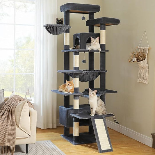 81 Inch Tall Cat Tree for Big Cats & Multi-Cat Homes, Large Heavy Duty Cat Tower with Metal Frame Hammock, 6 Scratching Posts, 2 Condos, 2 Perches, Scratching Pad - Dark Grey-PawvioPets