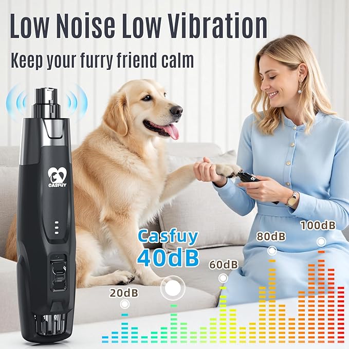 Casfuy New 6-Speed Dog Nail Grinder - 50% More Power Dog Nail Trimmers with 2 LED Lights Quiet 7h Running Time Electric Pet Nail Grinder File Toenail Grinder for Large Medium Small Dogs & Cats (Black)-PawvioPets