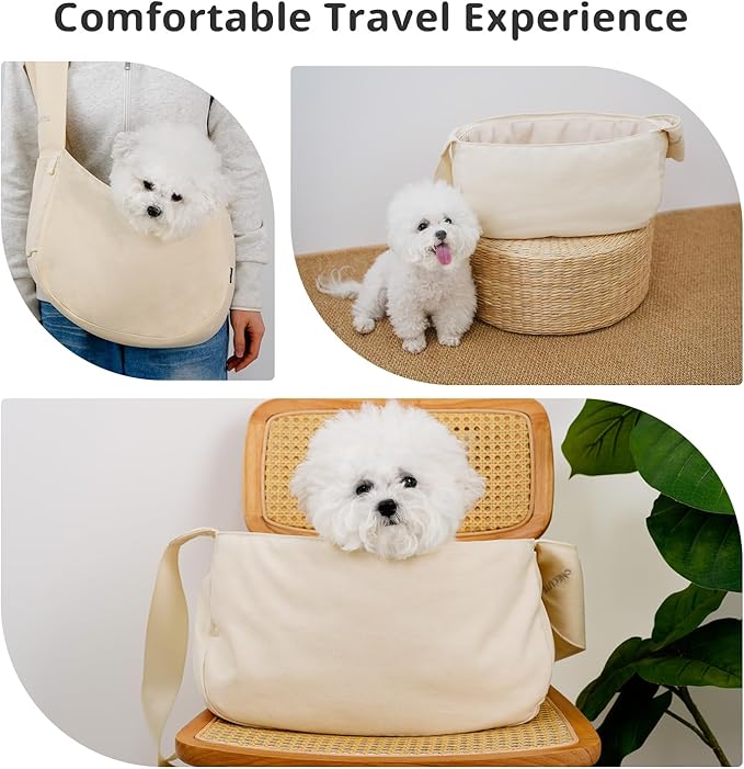 Dog Sling Carrier for Small Dogs and Cats, Lightweight Collapsible Pet Travel Bag with Adjustable Strap, Side Pockets & Breathable Mesh (Beige, 15.7" L x 5.9" W x 8.6" H)-PawvioPets