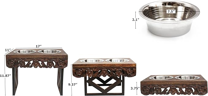 Elevated Pet Feeder for Dogs and Cats - The Bali Carved Wood Pet Feeding Stand with Two Stainless Steel Bowls - Three Heights Adjustable Raised Dog Bowl - Food Water Pet Feeding Station - IRONGATE-PawvioPets