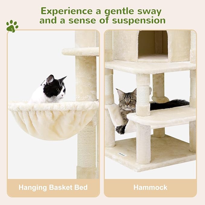 Globlazer Corner Cat Tree for Large Cats, 66inch Tall Curved Series Large Cat Tower for Multiple Indoor Cats with 6 Scratching Posts, 2 Spacious Cat Condos, Hammock, Hanging Basket, C66, Beige-PawvioPets