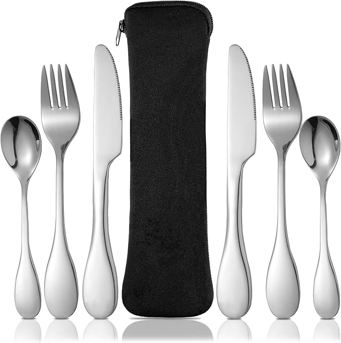 7 Pieces Bariatric Eating Portion Control Flatware Bariatric Management Silverware Serving Spoons Forks Knives Stainless Steel Weight Loss Utensils with Fabric Storage Bag-PawvioPets