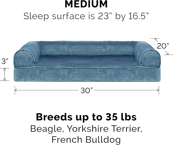 Furhaven Cooling Gel Dog Bed for Medium/Small Dogs w/ Removable Bolsters & Washable Cover, For Dogs Up to 35 lbs - Faux Fur & Velvet Sofa - Harbor Blue, Medium-PawvioPets