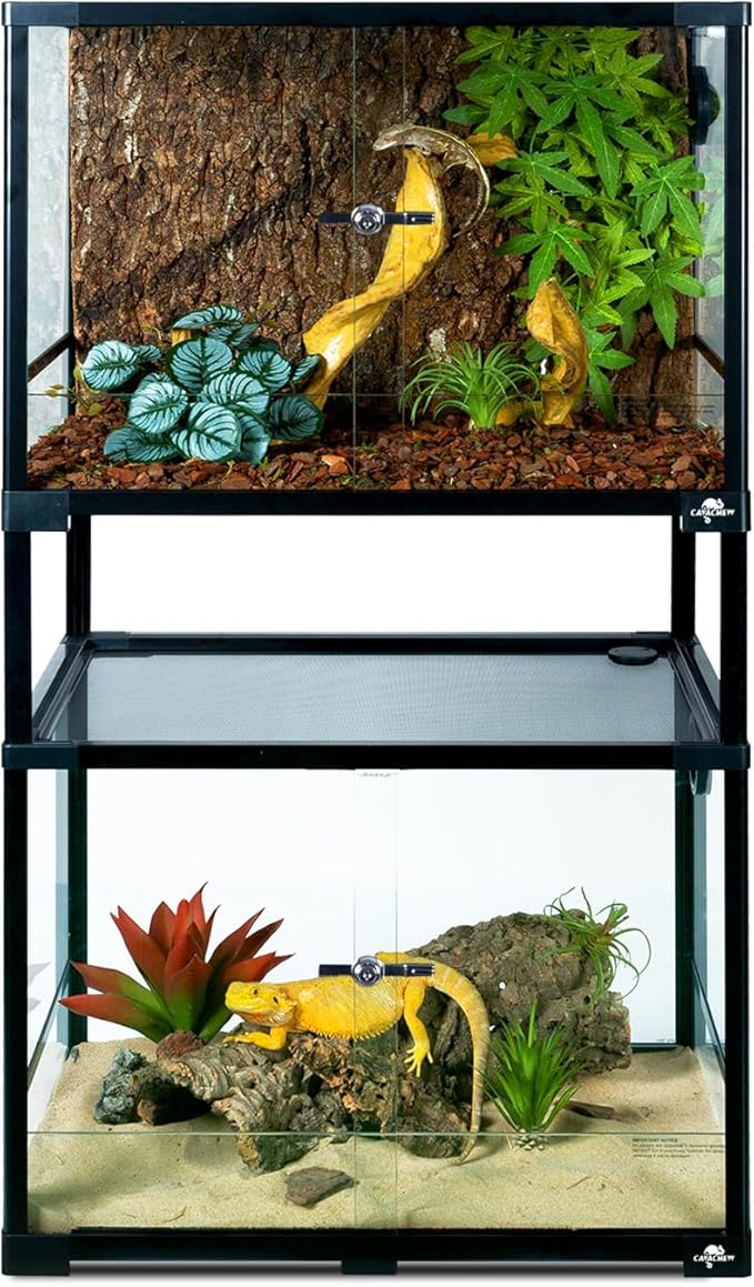 Double Stacked Reptile Tank, 24" x 18" x 44" Tall Reptiles Terrarium, Front Opening, Full Vision, Knock Down, 2 Pack 34 Gallon Glass Cage for Reptile, Bearded Dragon, Lizard, Snake, Gecko-PawvioPets