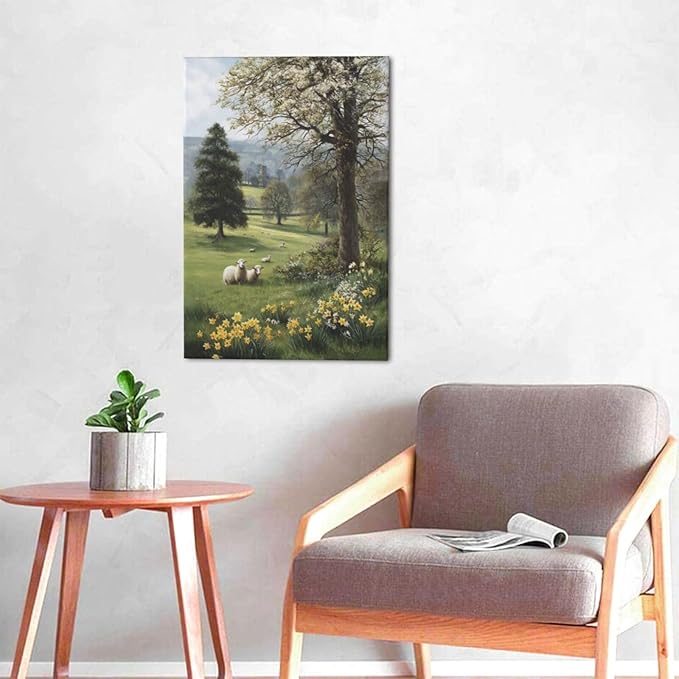 Country Sheep Canvas Wall Decor Farmhouse Rustic Lamb Wildflower Wall Art Nature Countryside Landscape Pictures Painting Print Framed Artwork Decorations for Bathroom Living Room Bedroom 16"x24"-PawvioPets