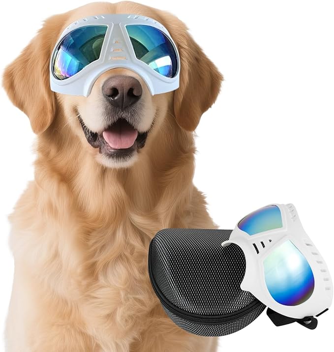 Dog Goggles for Medium-Large Breeds Windproof Anti-UV Pet Sunglasses with Adjustable Straps for Large Dog - White-PawvioPets