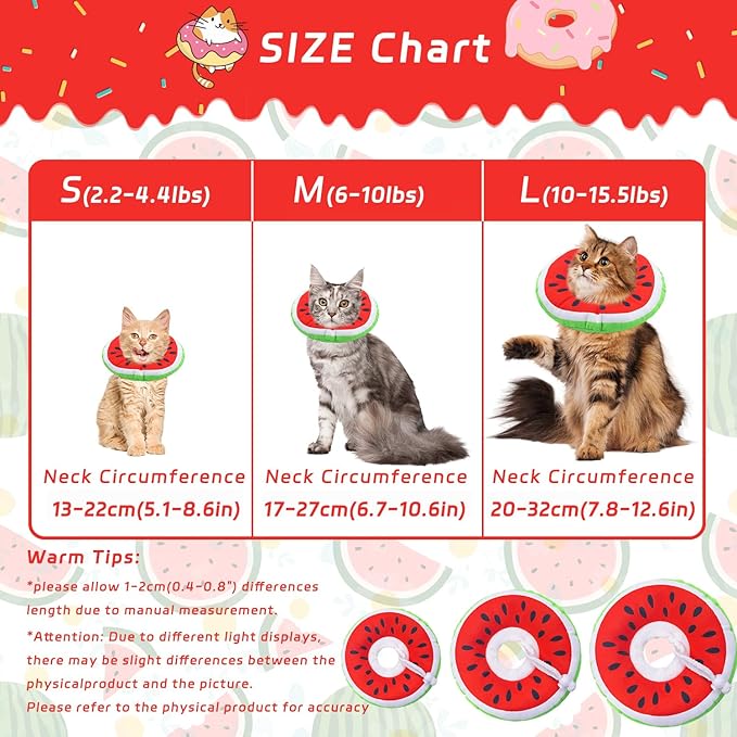 Cat Cone Collar Soft, Adjustable Cat Recovery Collars Kitten Cones to Stop Licking, Cute Donut E Collar After Surgery, Wound Healing Elizabethan Collar for Kittens (Watermelon, Medium)-PawvioPets
