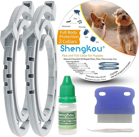 Flea and Tick Collar for Small Dog, Made with Natural Plant Based Essential Oil, Safe and Waterproof, Free Comb and Prevention Treatment Drop, 2x6 Month, 13.8 in (2 Packs)-PawvioPets
