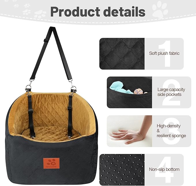 Dog Car Seat for Small Medium Dogs, Memory Foam Booster Car Seat for Dogs up to 35 lbs, Elevated Pet Car Seat, Travel Bed with Washable Removable Cover and Storage Pockets (Black/Coffee)-PawvioPets