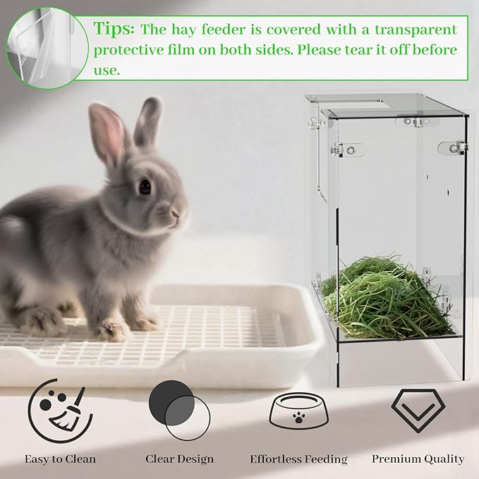 Acrylic Rabbit Hay Feeder with Lid, Transparent Hanging Food Dispenser Hay Feeder for Bunny Rabbits Guinea Pig Cage Chinchillas Hamsters Small Pets and Animals（Medium-PawvioPets