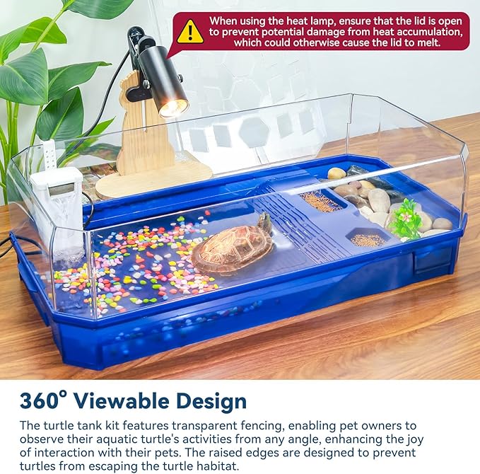 Aquatic Turtle Tank Habitat Kit Stone+Filter+Heat Lamp Enhancing Interaction with 360° Viewing, Standalone Filtration, DIY Creative Zone, Enriched Living (Blue, X-Large[with Light])-PawvioPets