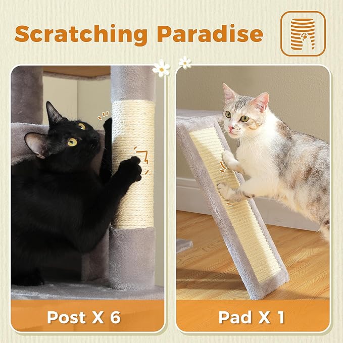 81 Inches Tall Cat Tree for Indoor Cats Large Adult - Heavy Duty Multi-Level Cat Tower with Large Metal Frame Hammock, Scratching Pad, 2 Top Perches, 2 Cozy Condos & 6 Scratching Posts - Gray-PawvioPets