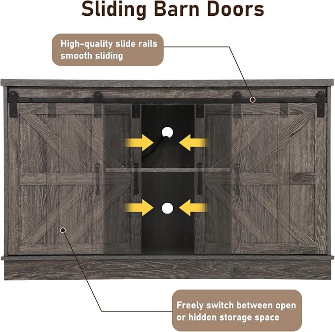 Farmhouse 55-75 Gallon Fish Tank Stand with Power Outlet, Aquarium Stand with Cabinet&Sliding Barn Door, Heavy Duty Reptile Tank Stand for 2 Fish Tank/Turtle Tank/Reptile Terrarium, Grey-PawvioPets