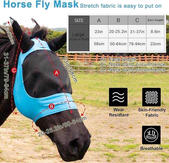 2 Piece Horse Fly Mask with Ears, Comfortable Fit Stretch Fabric Big Eye Space Soft Breathable with UV Protection for Full Horses (Red-Blue)-PawvioPets