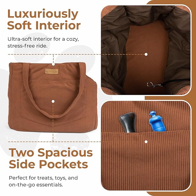 Corduroy Dog Carrier - Lightweight Cotton Soft-Sided Pet Tote with Safety Harness Clip - Breathable Travel Carrier for Small Dogs and Puppies (Brown)-PawvioPets