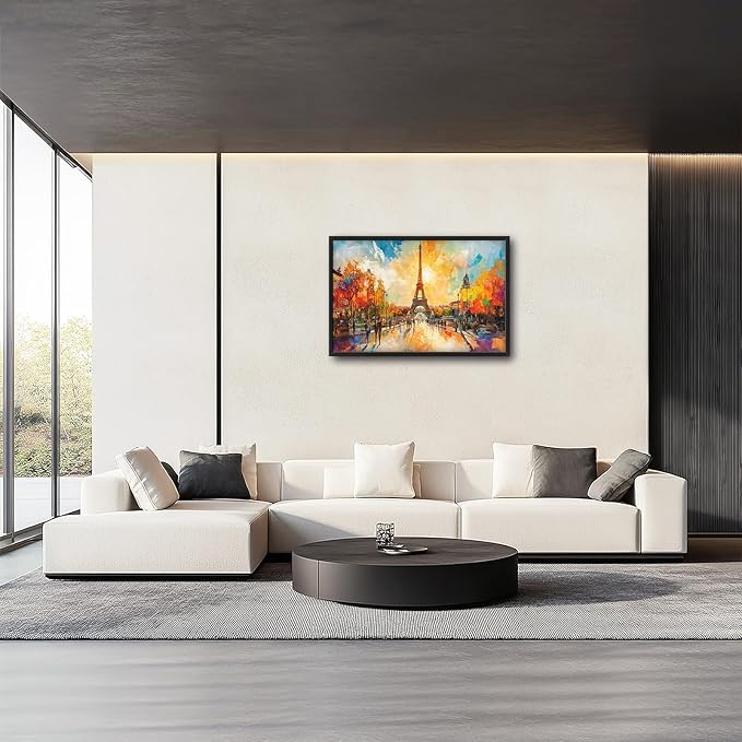 Framed Large Eiffel Tower Wall Art for Living Room, Oversized Paris City Street Landscape Wall Decor, Colorful Sunrise Canvas Painting Modern Artwork for Living Room Bedroom Office 36"x24"-PawvioPets