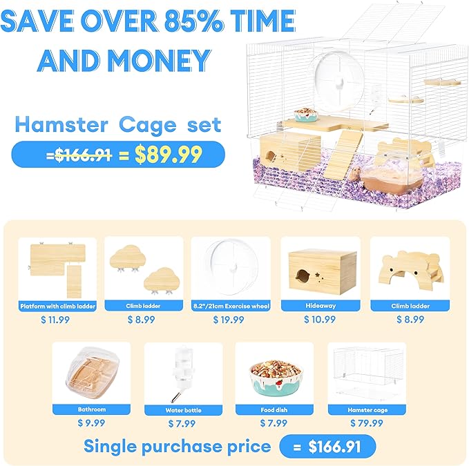 BUCATSTATE Hamster Cage 3-Level with Accessories, Includes Free Exercise Wheel, Water Bottle, Food Bowl & Hamster Hideout, Large Hamster Cage for Dwarf Hamster, Mice, Degus (24.4" L*13.7 "W*16.9" H)-PawvioPets
