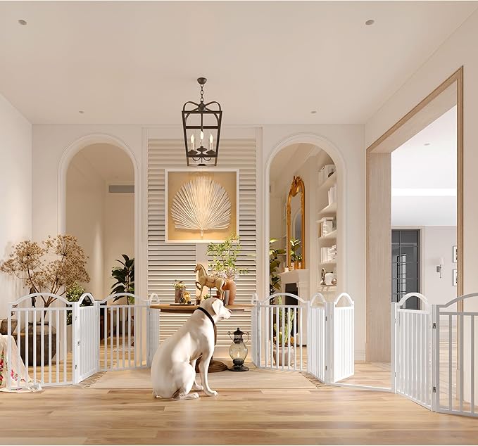 BHG Metal No-Assembly Freestanding Dog Gate with Door Walk Through, Extra Wide 96", Extra Tall 32" Pet Gate, Accordion Puppy Folding Playpen Dog Fence for Indoor & Outdoor, with 2PCS Support - White-PawvioPets