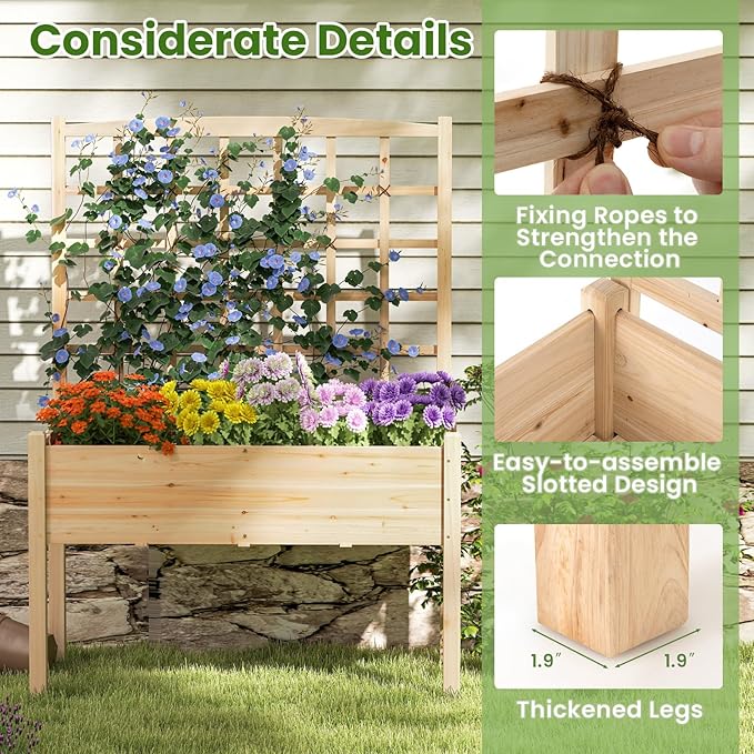 Giantex Raised Garden Bed with Trellis, Wooden Elevated Planter Box with Legs, Drainage Holes for Climbing Plants Vines Vegetables Flowers Herbs, Outdoor Horticulture Planter for Patio Yard (Natural)-PawvioPets