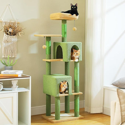 Cactus Cat Tree, 62-Inch Large Cat Tower for Multi-Cat Households w/Scratching Posts, Multi-Level Condo w/Cozy Top Perch & Scratching Pad, Padded Platform, 2 Pompoms, Green-PawvioPets