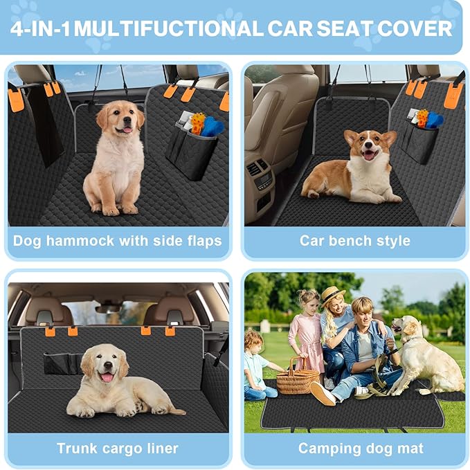 Dog Car Seat Cover for Back Seat, Waterproof Protector with Side Flaps, Scratchproof Hammock, Non-Slip Bottom for Cars/Trucks/SUVs (Black+Grey)-PawvioPets