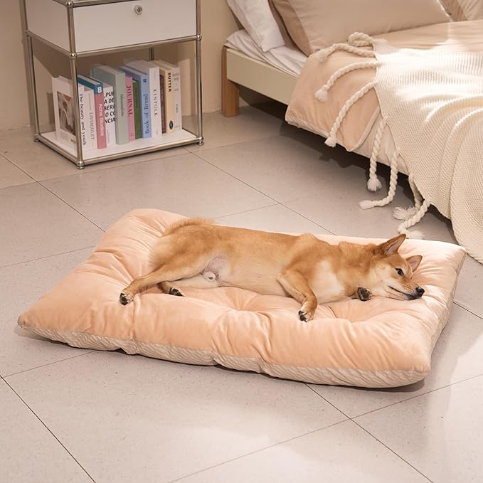 FUNNY FUZZY 2 in 1 Dog Bed Crate Pad Mat, Washable Reversible Pet Floor Mats,Fluffy Kennel Pad for Small Large Sized Dog,Indoor Cats,Sleeping Mattress, 41.7" × 28.3", Beige-PawvioPets