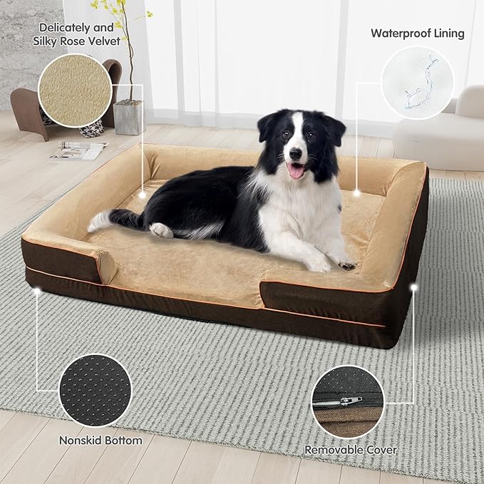 Dog Beds for Large Sized Dogs,Washable Orthopedic Memory Foam Dog Couch Sofa Bed with Bolster,Removable Cover,42x30Inch,Brown-PawvioPets