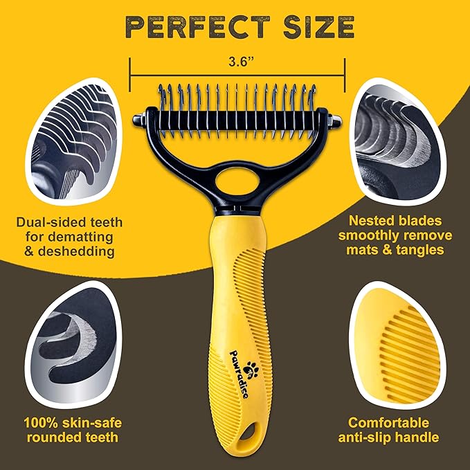 Deshedding Dog Brush - Double-Sided Pet Hair Remover for Cats & Dogs - Yellow Undercoat Grooming Rake for Shedding and Dematting-PawvioPets