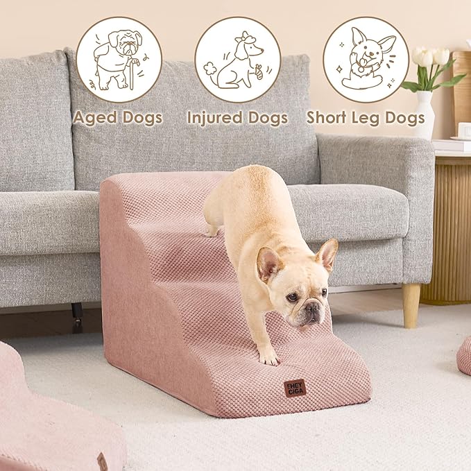 EHEYCIGA Curved Dog Stairs Ramp for High Beds 19.7" H, 4-Step Dog Steps for Small Dogs and Cats, Pet Stairs for High Bed Climbing, Non-Slip Balanced Pet Step Indoor, Dusty Pink-PawvioPets