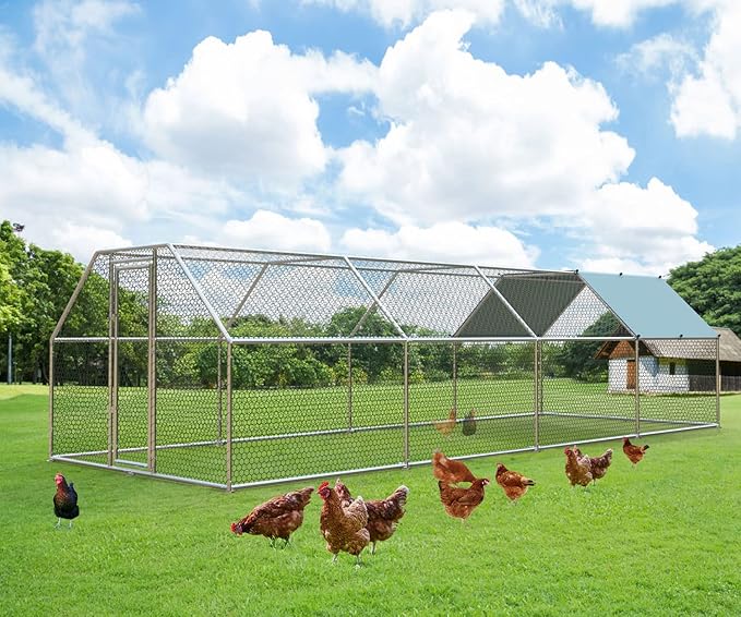 1.26’’ Large Metal Chicken Coop Walk in, Chicken Pen for Chickens, Outdoor Chicken Runs Coops Dog Kennel, Flat Roofed Chicken Runs for Yard with Anti-Ultraviolet Cover (9.2’L x 25’W x 6.4’H)-PawvioPets
