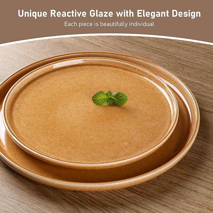 GBHOME Ceramic Dinnerware Sets for 4, 12 Pieces Stoneware Plates and Bowls Sets, Scratch Resistant Dishes, Dishwasher & Microwave Safe, Reactive Glaze-Amber-PawvioPets