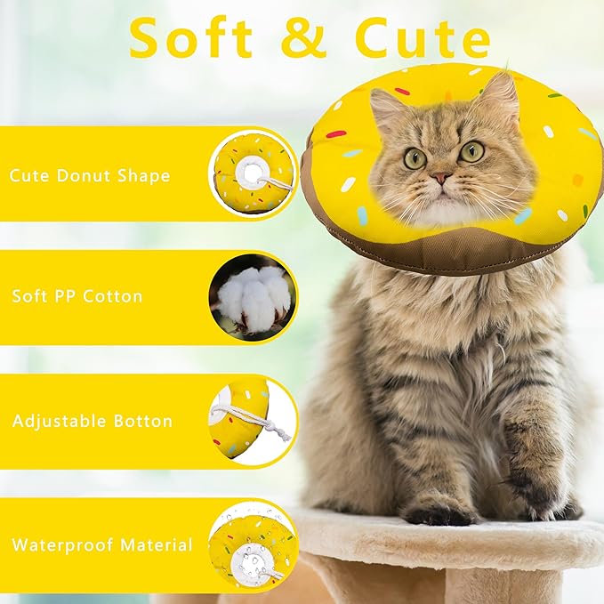 Cat Cone Collar Soft, Adjustable Cat Recovery Collar Kitten Cones to Stop Licking, Cute Donut E Collar After Surgery, Cats Neck Pillow Cone Elizabethan Cones of Shame (Waterproof Yellow, Small)-PawvioPets