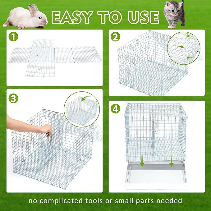 Folding Rabbit Cage, 18 x 18 x 14 in Portable Bunny Carrier with Tray and Handles for Transport, Trave or Temporary Housing, Indoor Outdoor Pet Habitat Animal Enclosure-PawvioPets